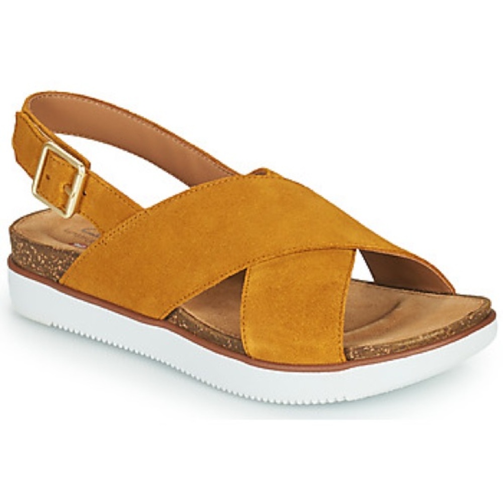 Clarks Elayne Ochre Suede Sandals with Crossover Straps Sz 9